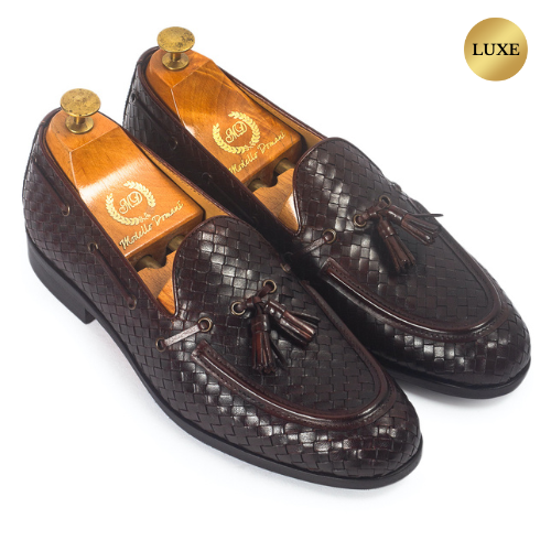Woven Leather Tassel Slipons (Brown)