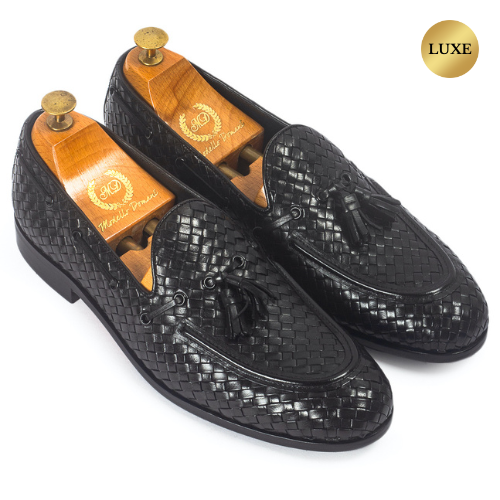 Woven Leather Tassel Slipons (Black)