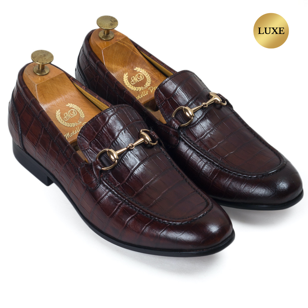 Milano Embossed Croco Leather Buckle Slipons (Brown)