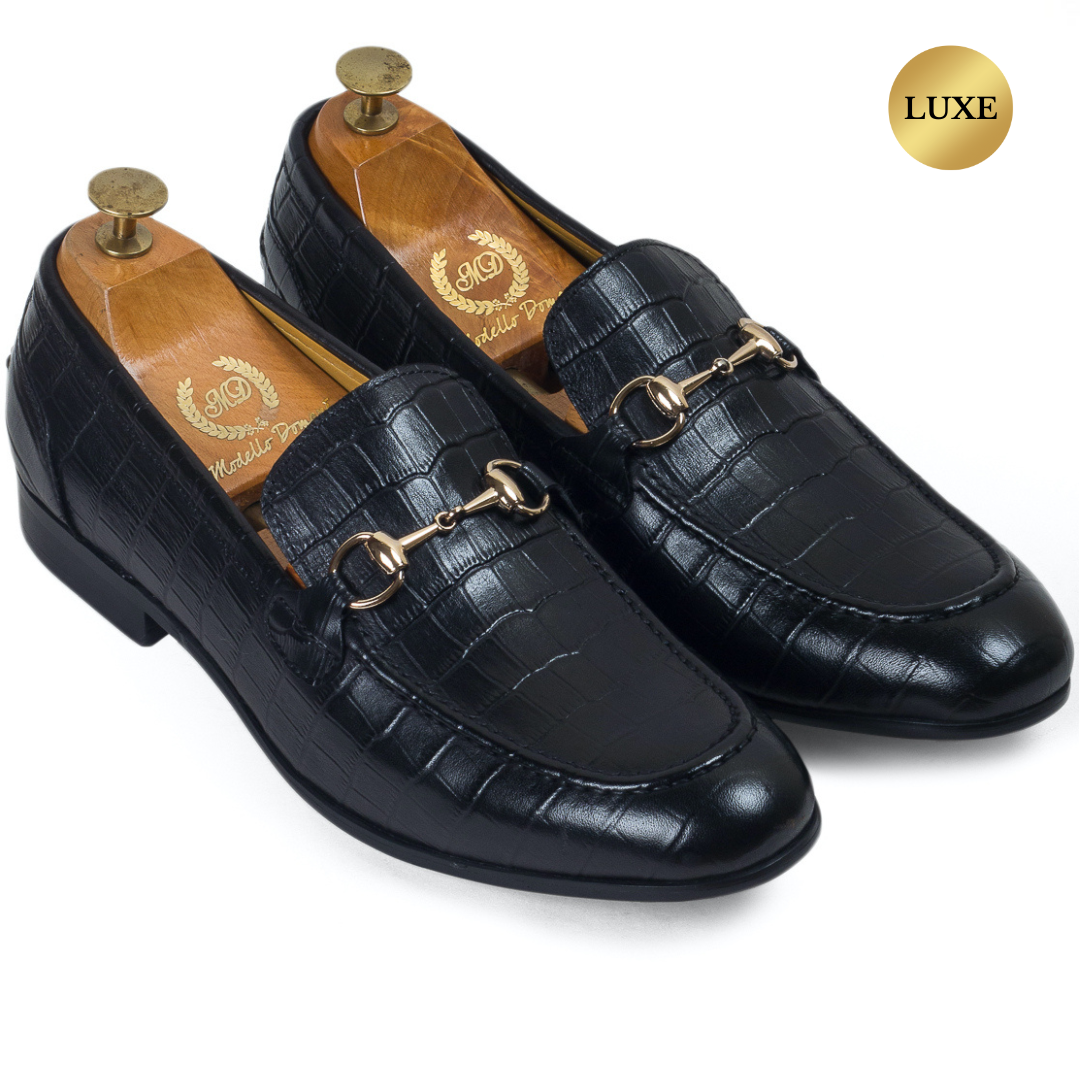 Milano Embossed Croco Leather Buckle Slipons (Black)