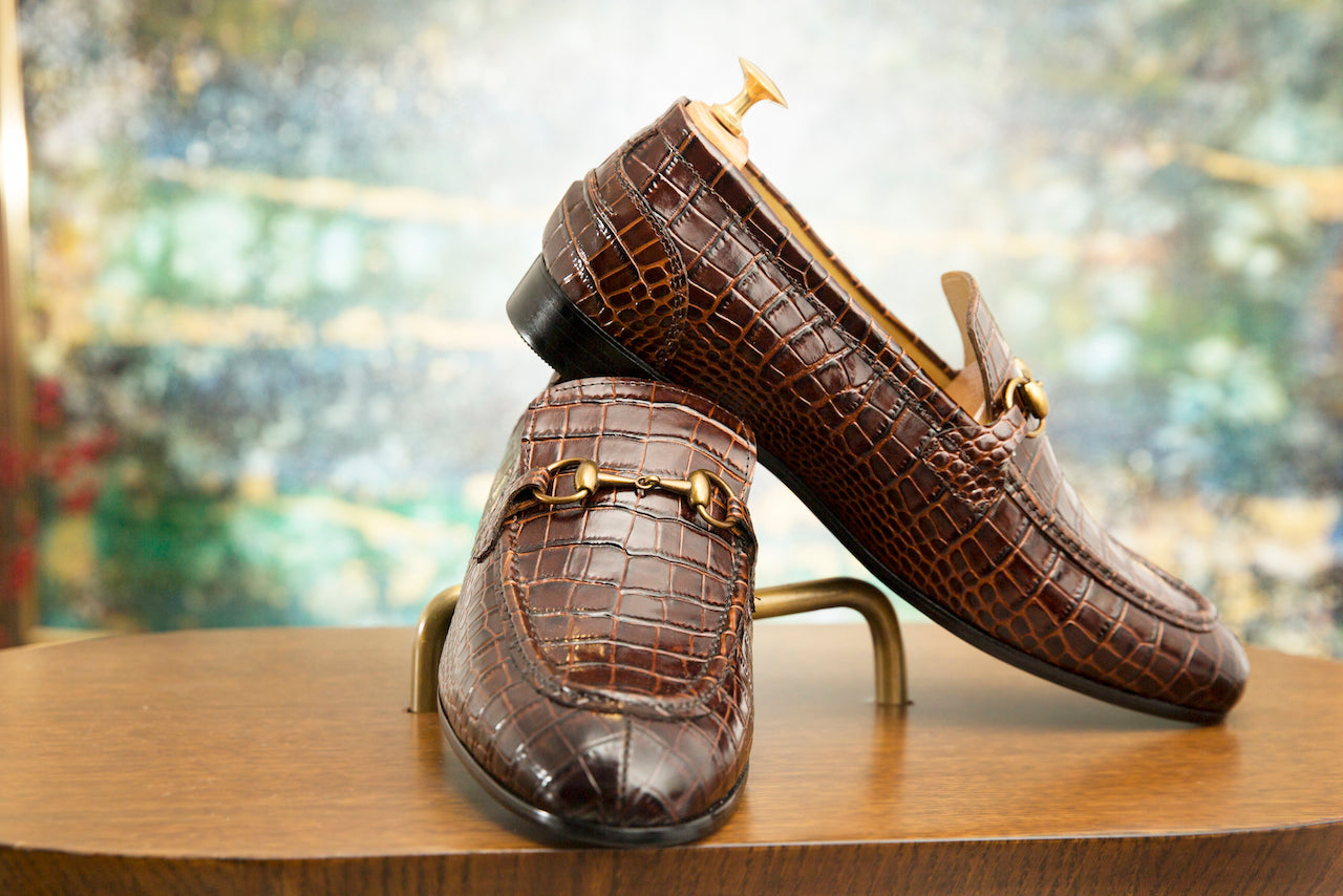 Milano Embossed Croco Leather Buckle Slipons (Brown)