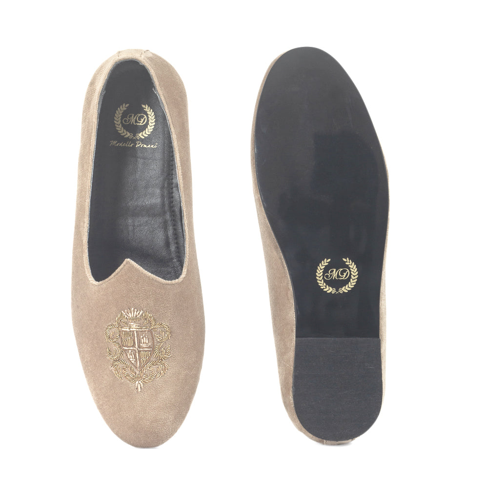 Royal Crest©️ Velvet Juttis (Beige)(Patent Copyright Artwork)
