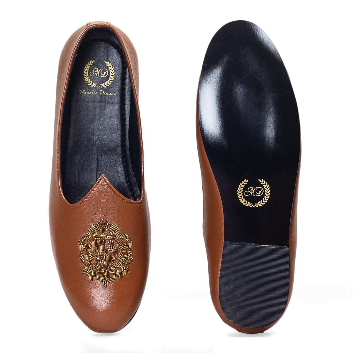 Royal Crest©️ Leather Juttis (Tan)(Patent Copyright Artwork)
