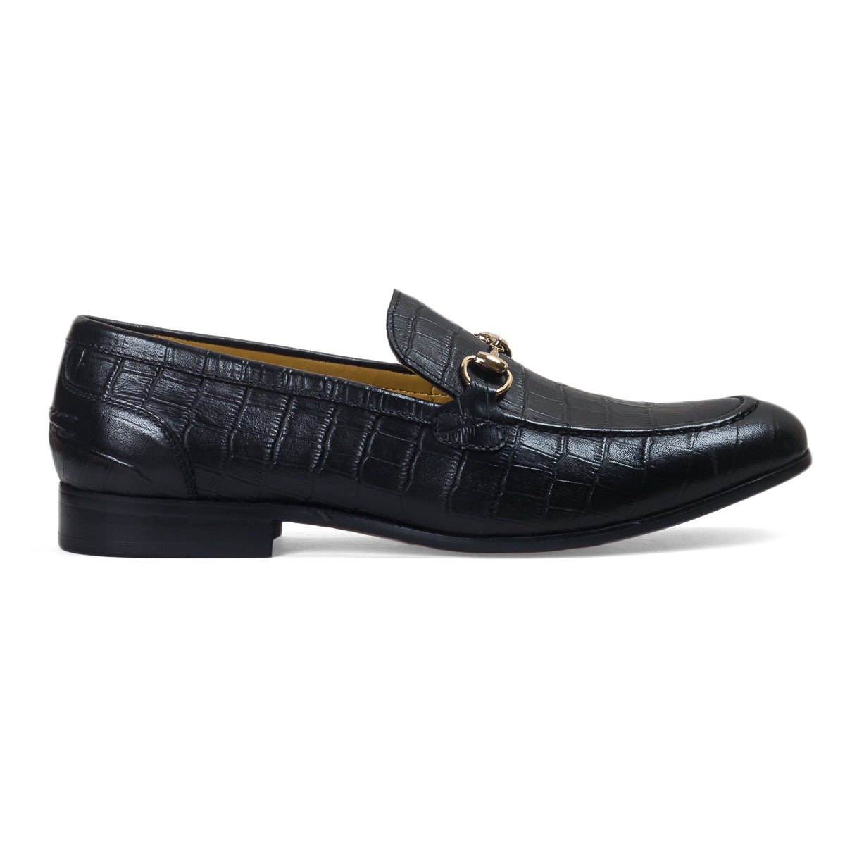 Milano Embossed Croco Leather Buckle Slipons (Black)