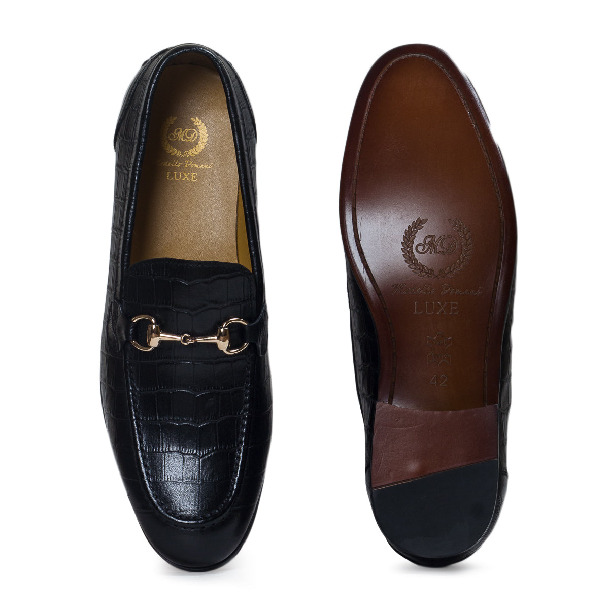 Milano Embossed Croco Leather Buckle Slipons (Black)