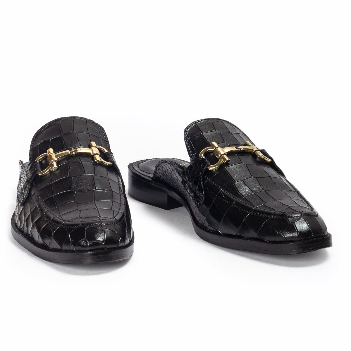 Louis Embossed Leather Mules (Black)