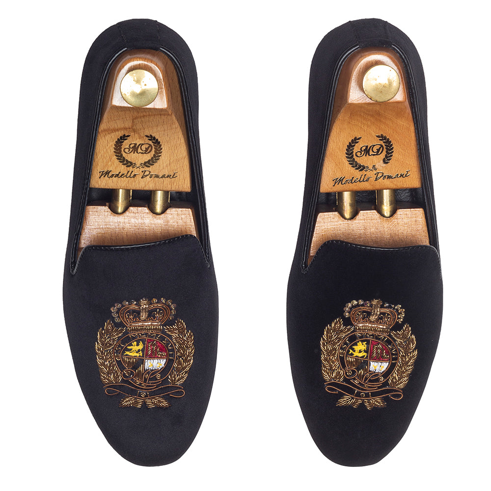 The Regal Crest Velvet Slipons (Black)