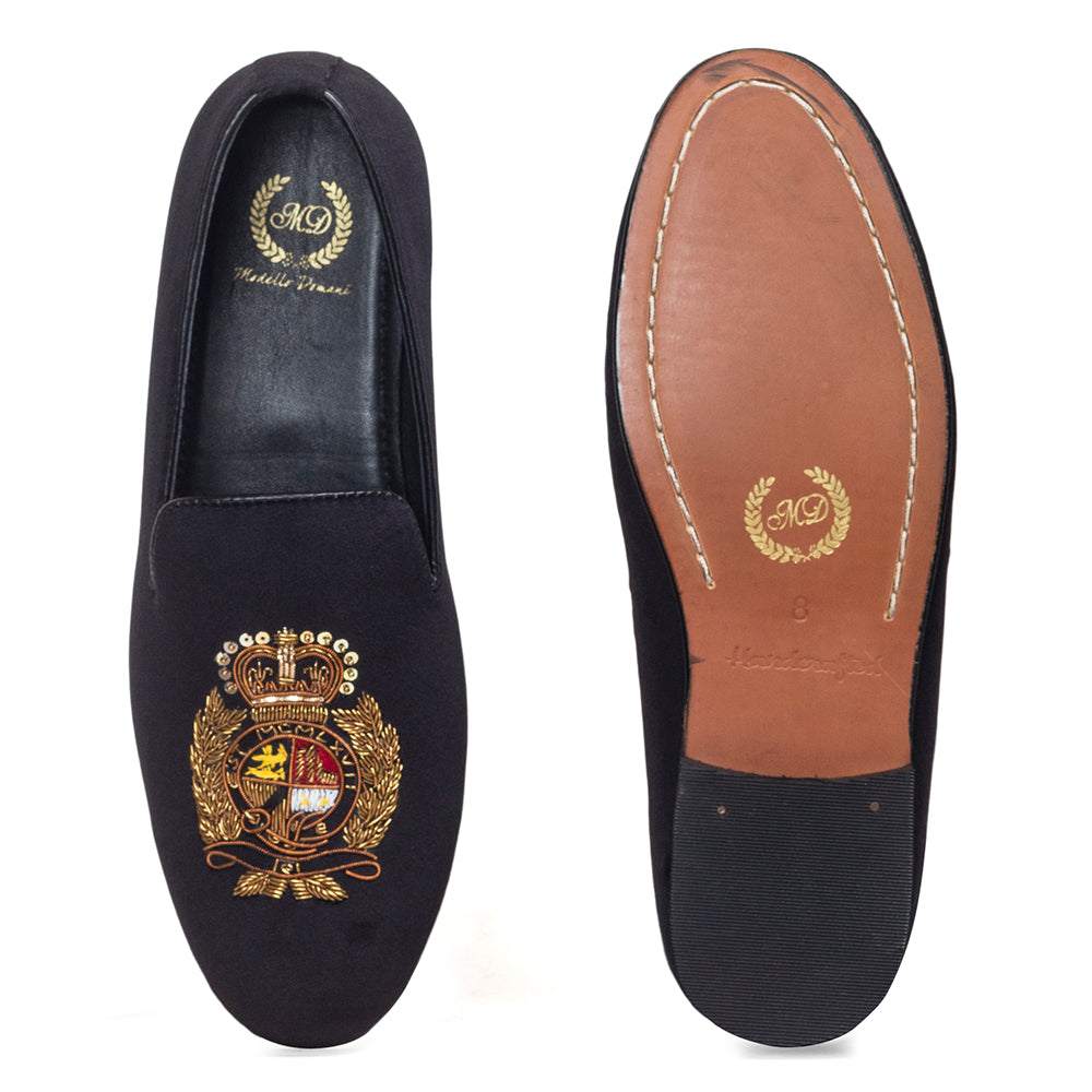 The Regal Crest Velvet Slipons (Black)