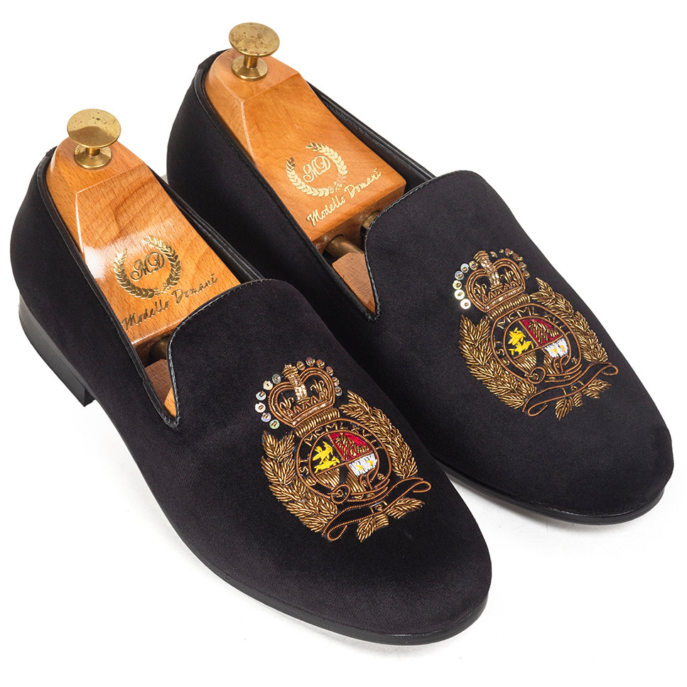The Regal Crest Velvet Slipons (Black)