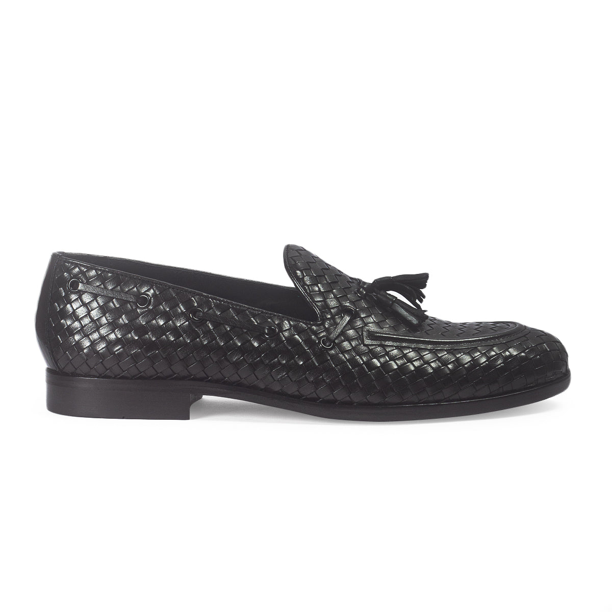 Woven Leather Tassel Slipons (Black)