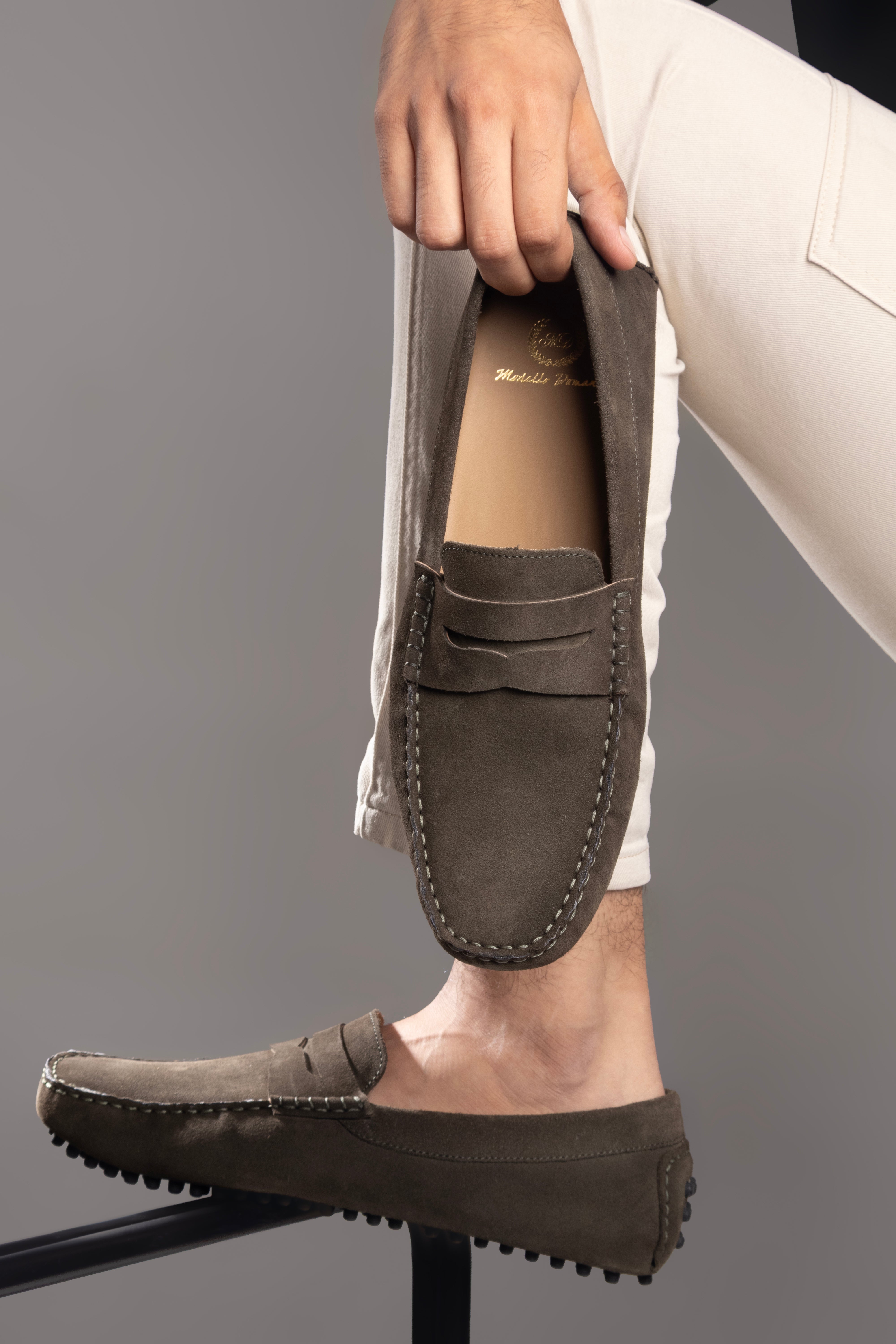 Gommino Suede Penny Loafers (Military Green Mehendi)