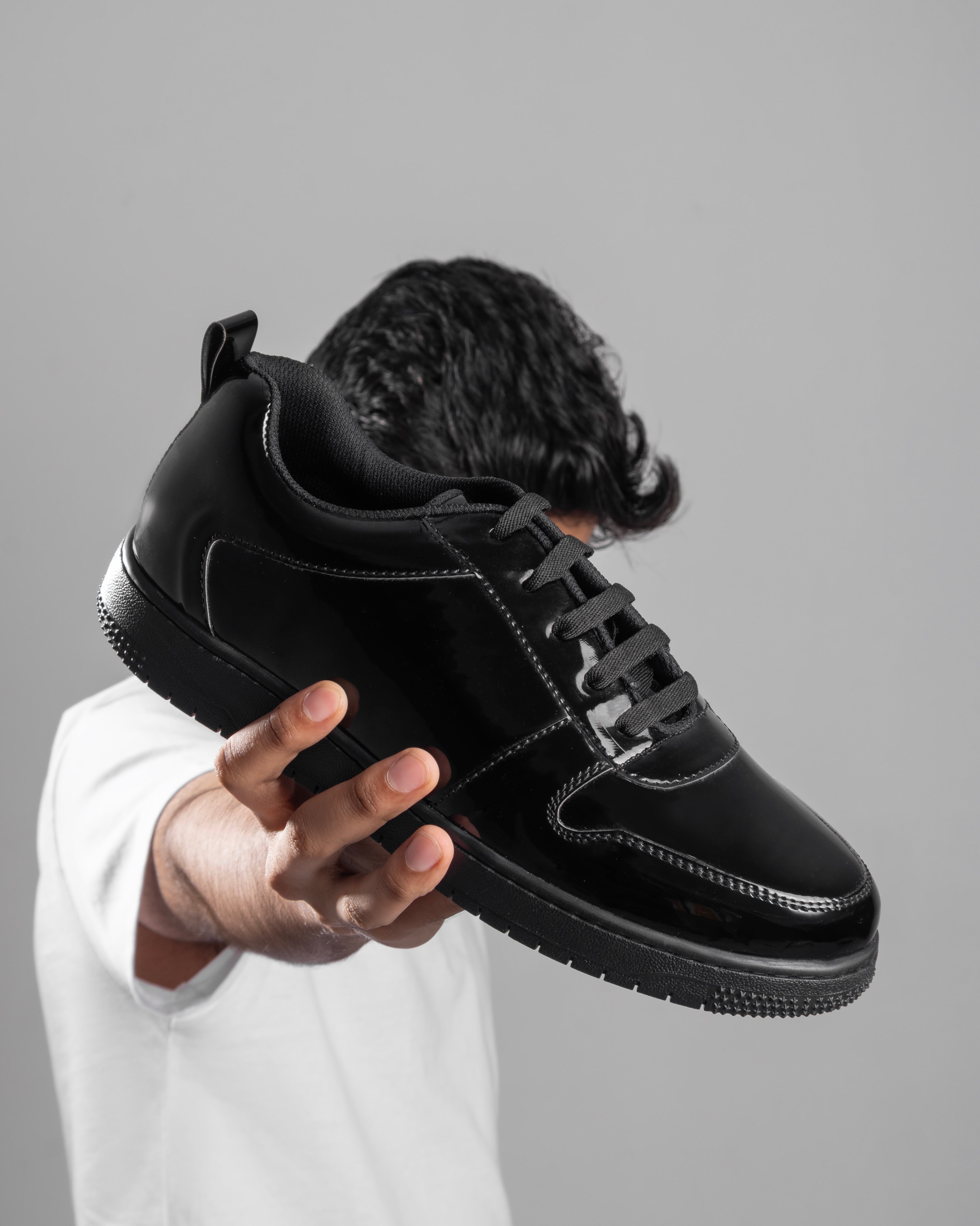 DOMS Comfort Leather Sneakers (Patent Black)