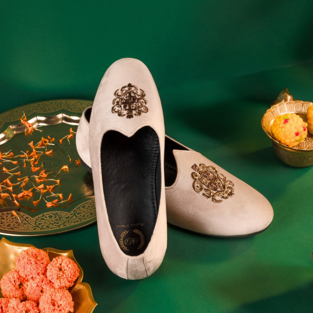 Royal Crest©️ Velvet Juttis (Beige)(Patent Copyright Artwork)
