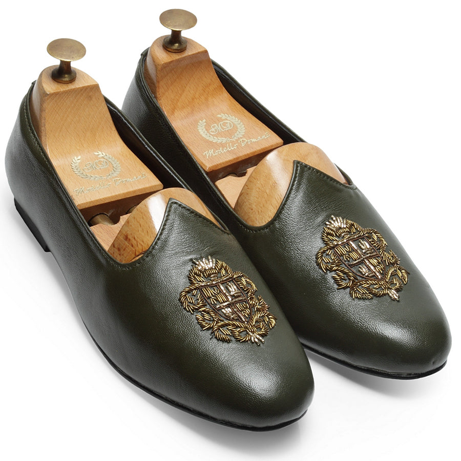 Royal Crest©️ Leather Juttis (Bottle Green)(Patent Copyright Artwork)