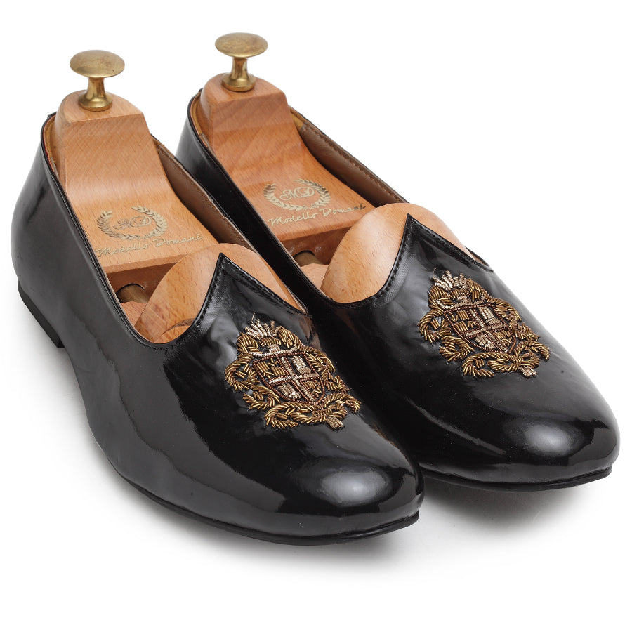 Royal Crest©️ Leather Juttis (Patent Black)(Patent Copyright Artwork)