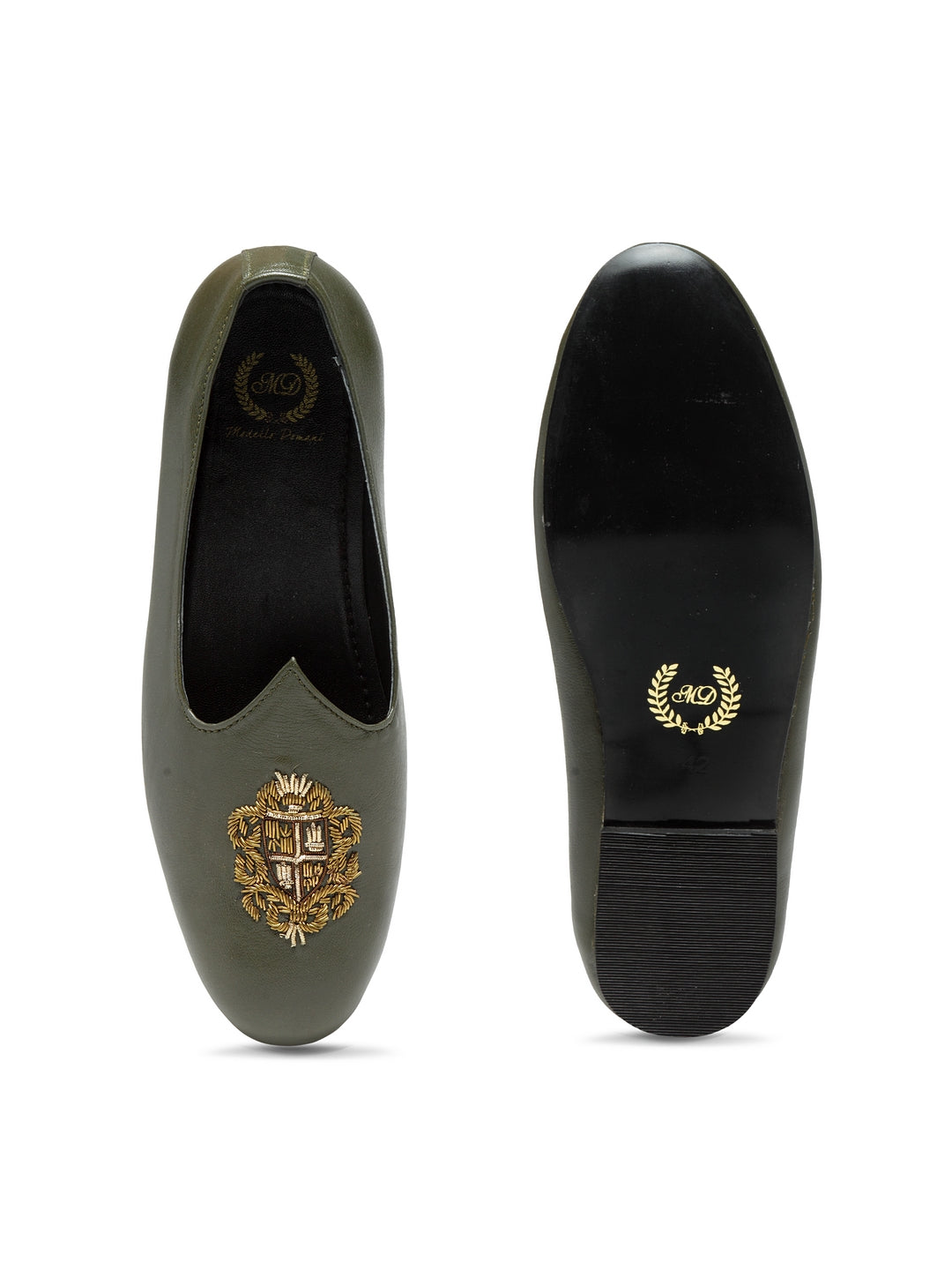 Royal Crest©️ Leather Juttis (Bottle Green)(Patent Copyright Artwork)