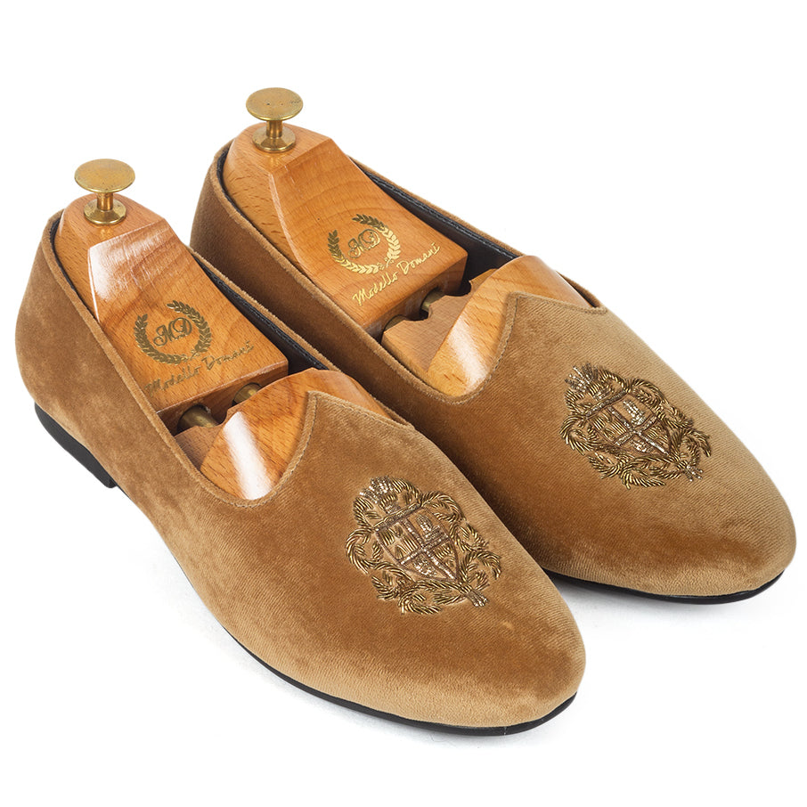 Royal Crest©️ Velvet Juttis (Golden Brown)(Patent Copyright Artwork)