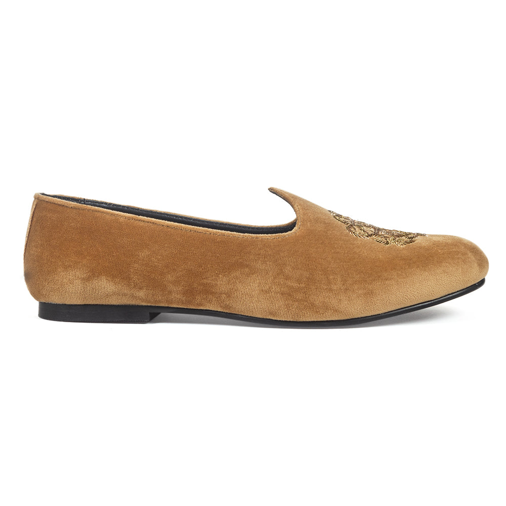 Royal Crest©️ Velvet Juttis (Golden Brown)(Patent Copyright Artwork)