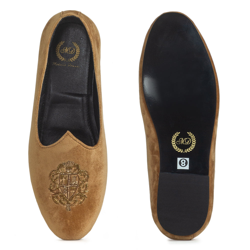 Royal Crest©️ Velvet Juttis (Golden Brown)(Patent Copyright Artwork)