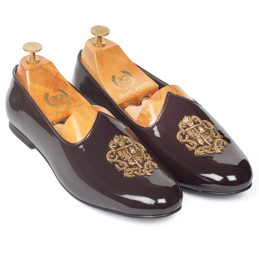 Royal Crest©️ Leather Juttis (Patent Brown)(Patent Copyright Artwork)