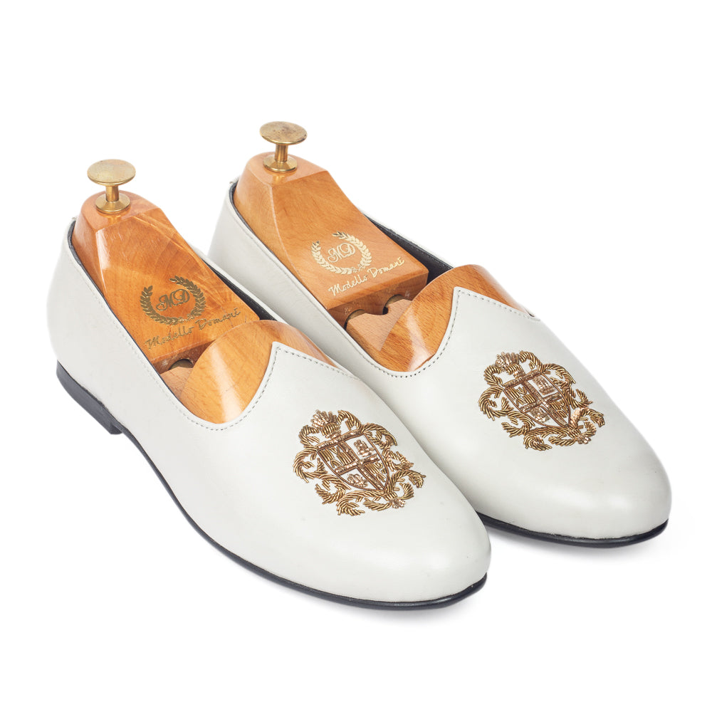 Royal Crest©️ Leather Juttis (Ivory White)(Patent Copyright Artwork)