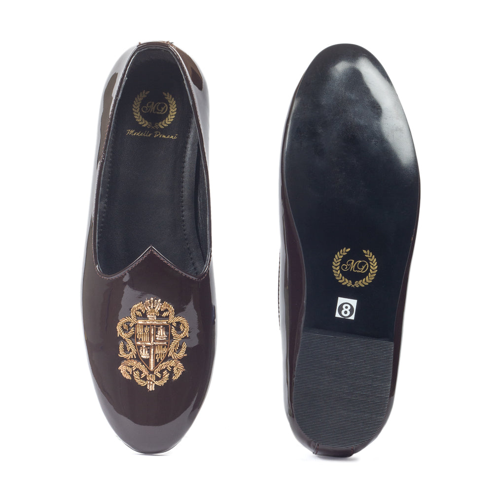 Royal Crest©️ Leather Juttis (Patent Brown)(Patent Copyright Artwork)