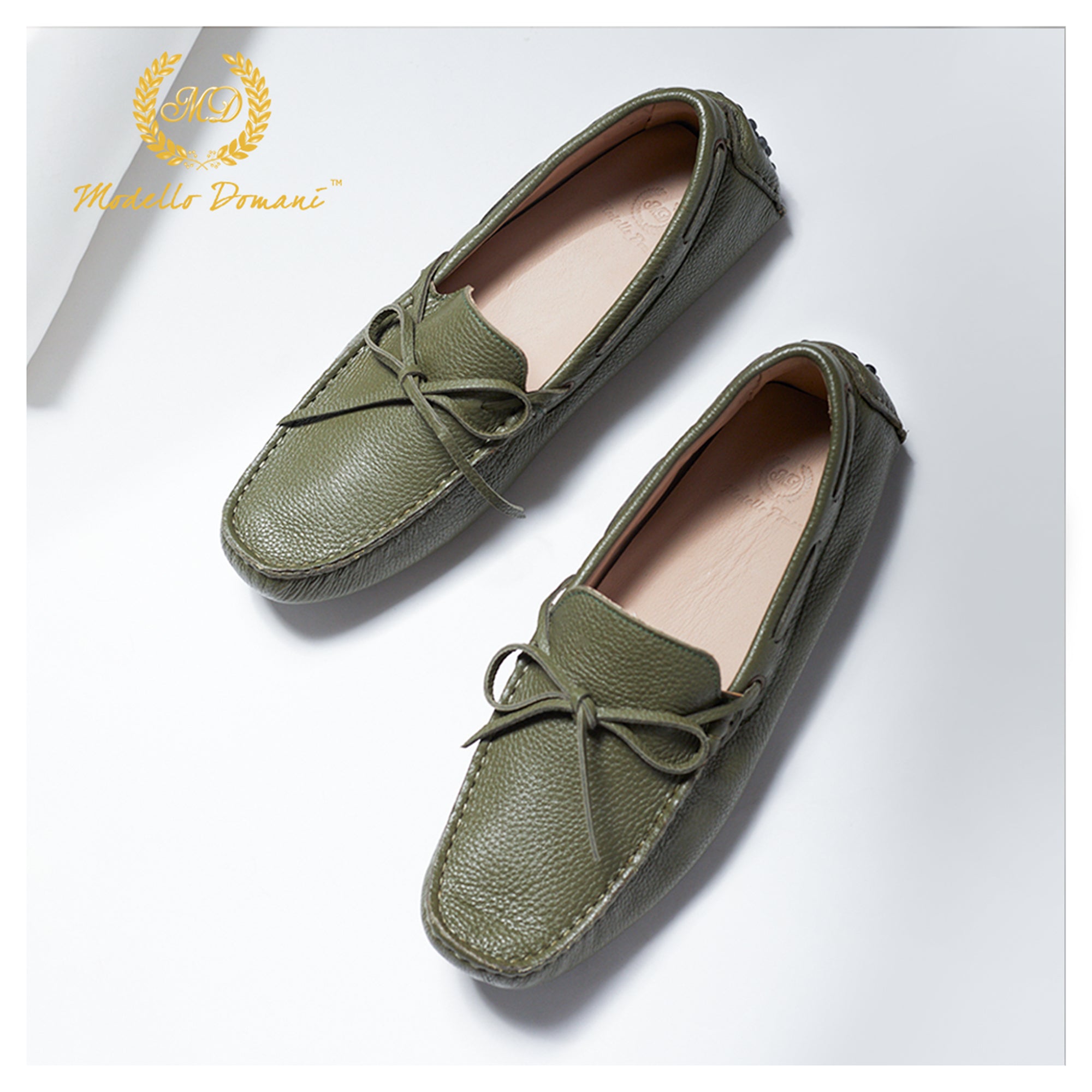 Gommino Leather Bow Loafers (Military Green)