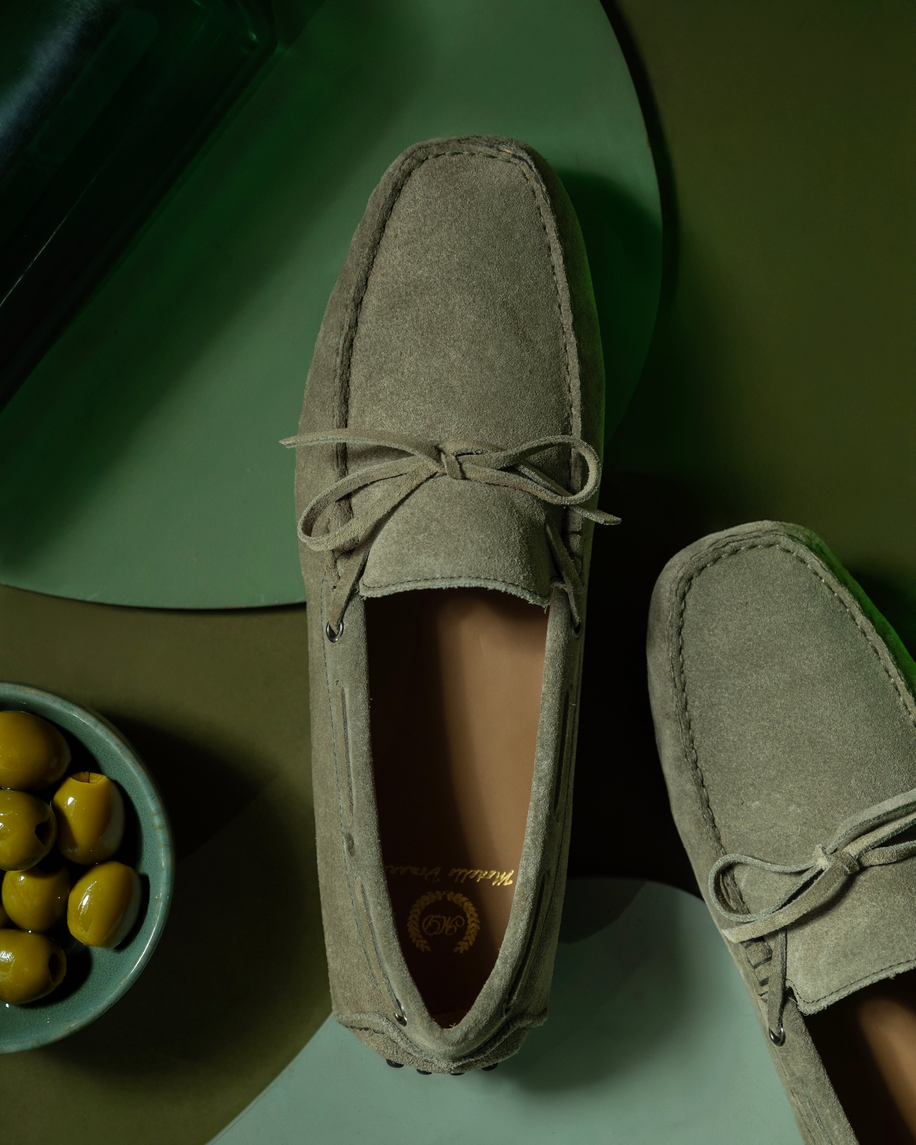 Gommino Suede Bow Loafers (Olive Green)