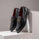 Italian Cut Textured Buckle Slipons (Black) — Black slipons | Modello Domani