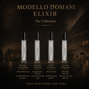 Four perfume sample vials from Modello Domani Elixir are displayed against a dark, atmospheric cityscape background. The collection includes Afterdark in Amsterdam, Morning in Monaco, Petals in Provence, and Soft Sun in Santorini, with scent descriptions and notes printed below each bottle.