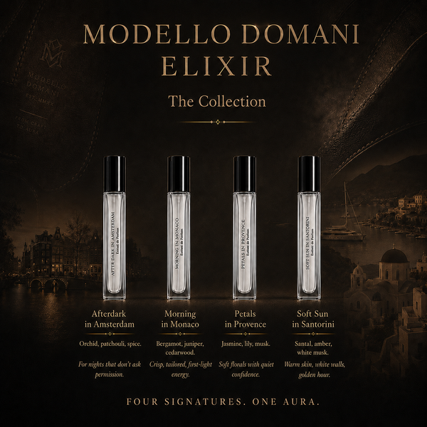 Four perfume sample vials from Modello Domani Elixir are displayed against a dark, atmospheric cityscape background. The collection includes Afterdark in Amsterdam, Morning in Monaco, Petals in Provence, and Soft Sun in Santorini, with scent descriptions and notes printed below each bottle.