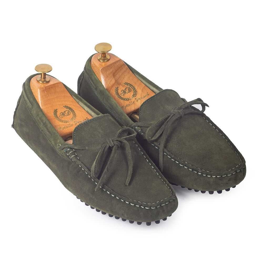 Gommino Suede Bow Loafers (Olive Green)