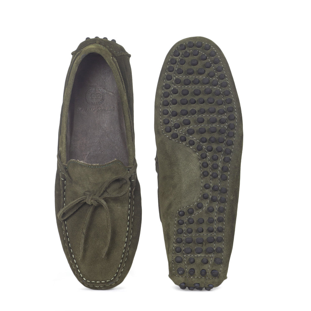 Gommino Suede Bow Loafers (Olive Green)