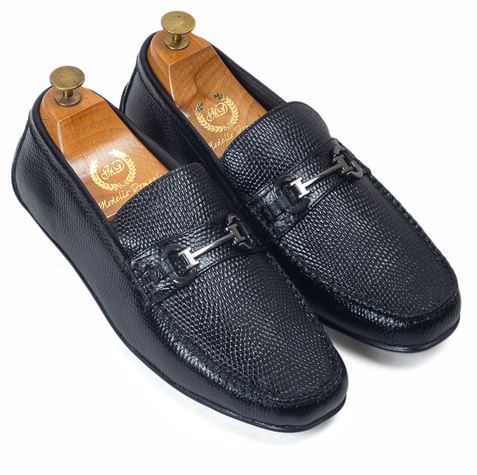 Grained Leather Buckle Loafers (Black)