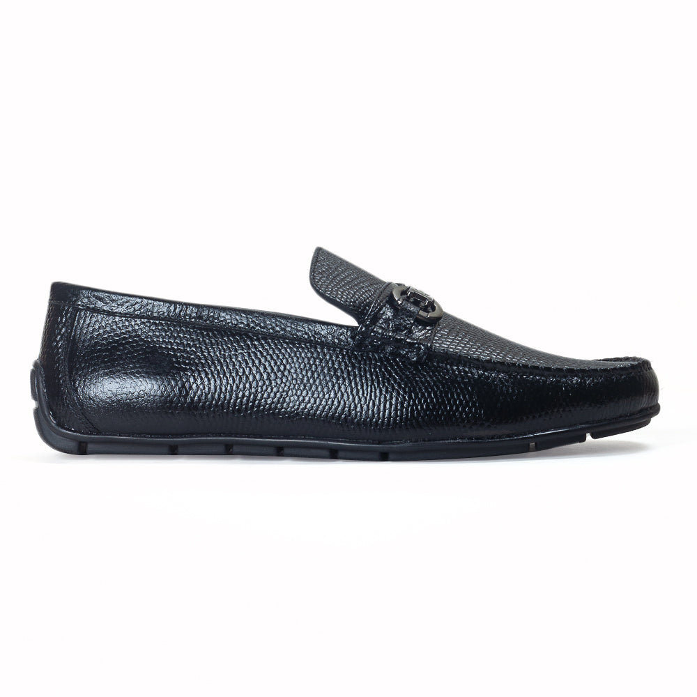 Grained Leather Buckle Loafers (Black)