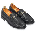Italian Cut Textured Buckle Slipons (Black) — Black slipons | Modello Domani