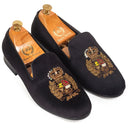 The Regal Crest Velvet Slipons (Black) — Black slipons | Modello Domani