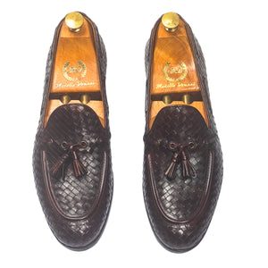 Woven Leather Tassel Slipons (Brown)