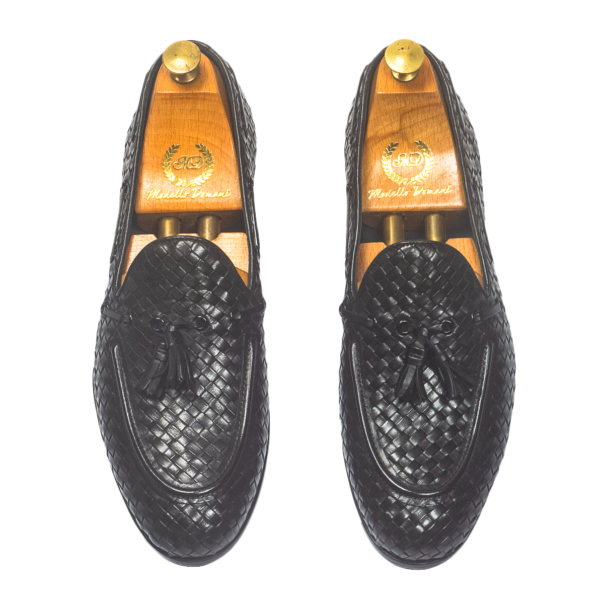 Woven Leather Tassel Slipons (Black)