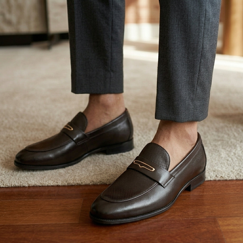 Brown leather loafers worn with gray pants on a wooden floor.
