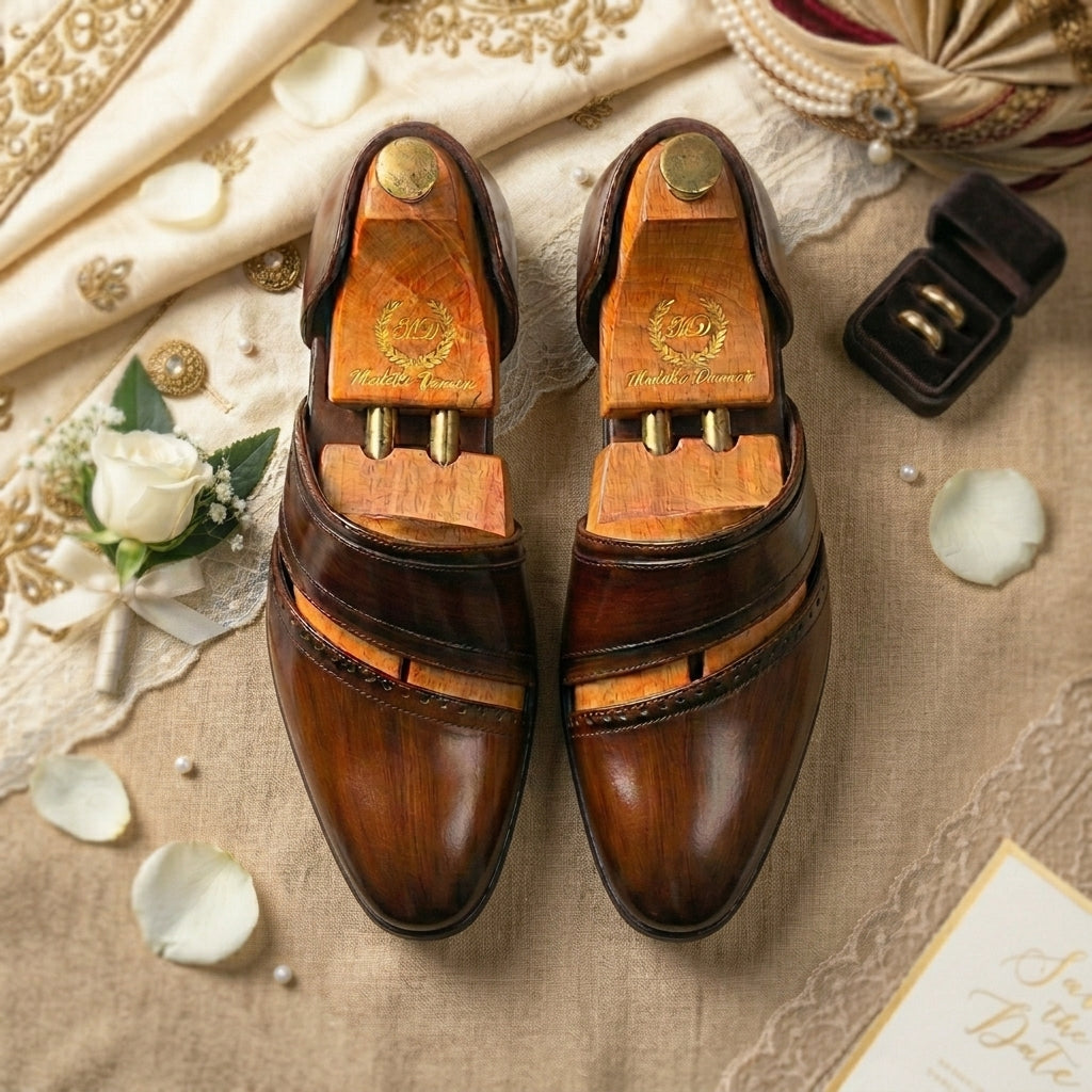 Pair of brown dress shoes with wooden soles on a decorative surface with flowers and jewelry.