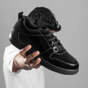 DOMS Comfort Leather Sneakers (Patent Black) — Black sneakers | Modello Domani