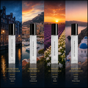 Four perfume spray travel friendly bottles are shown side by side against scenic travel backgrounds: Amsterdam canal at night, Monaco sunrise, Provence lavender fields, and Santorini sunset. The bottles are clear glass with black caps and white vertical labels reading the fragrance names and notes.