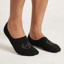 Black no-show socks with a logo on a light background