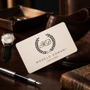 Gift card with 'Modelo Domani' branding on a wooden surface with shoes, watch, and pen.