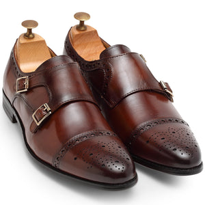 Italia Leather Double Monk Brogues (Cherry Brown)