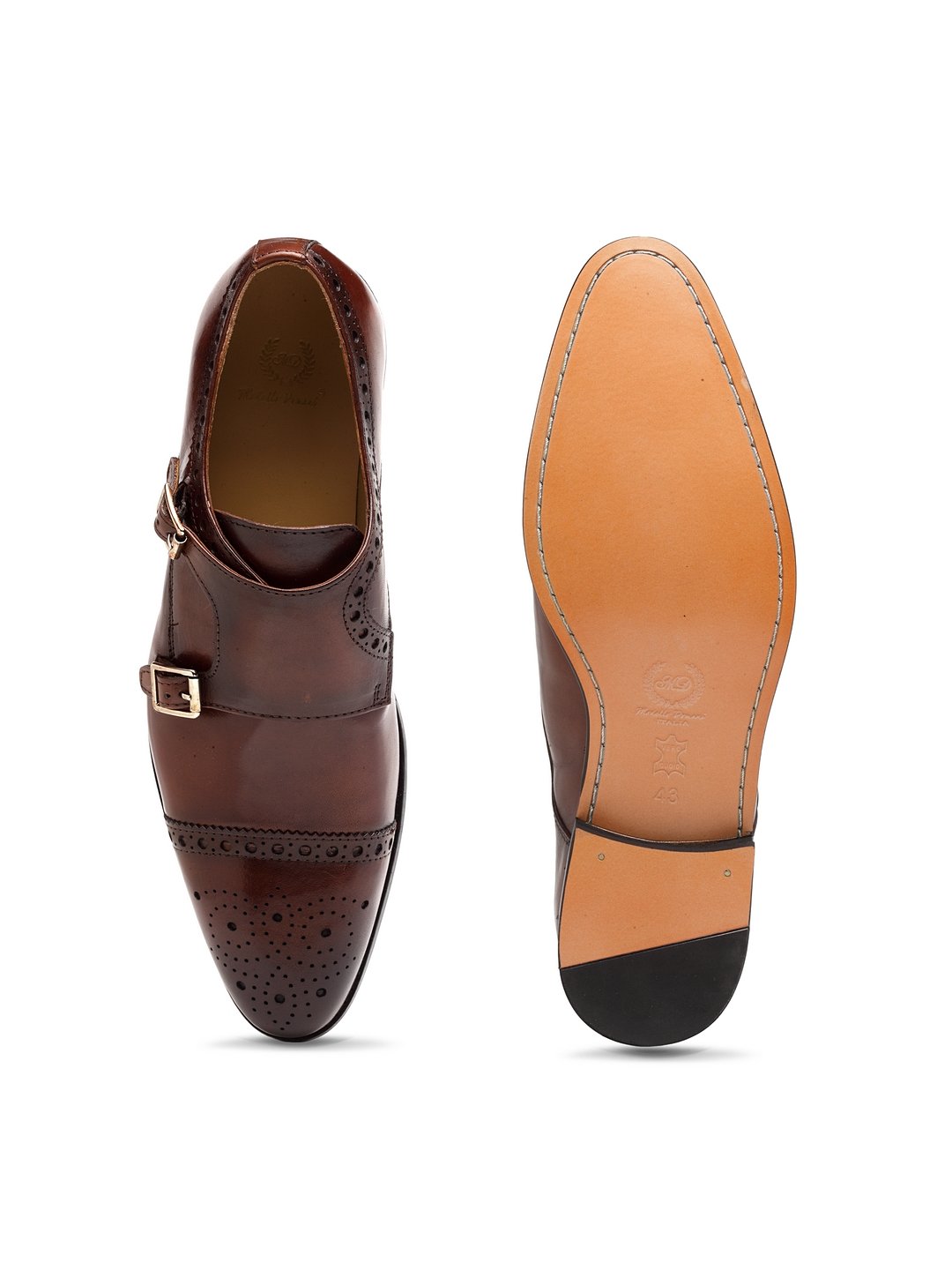 Italia Leather Double Monk Brogues (Cherry Brown)