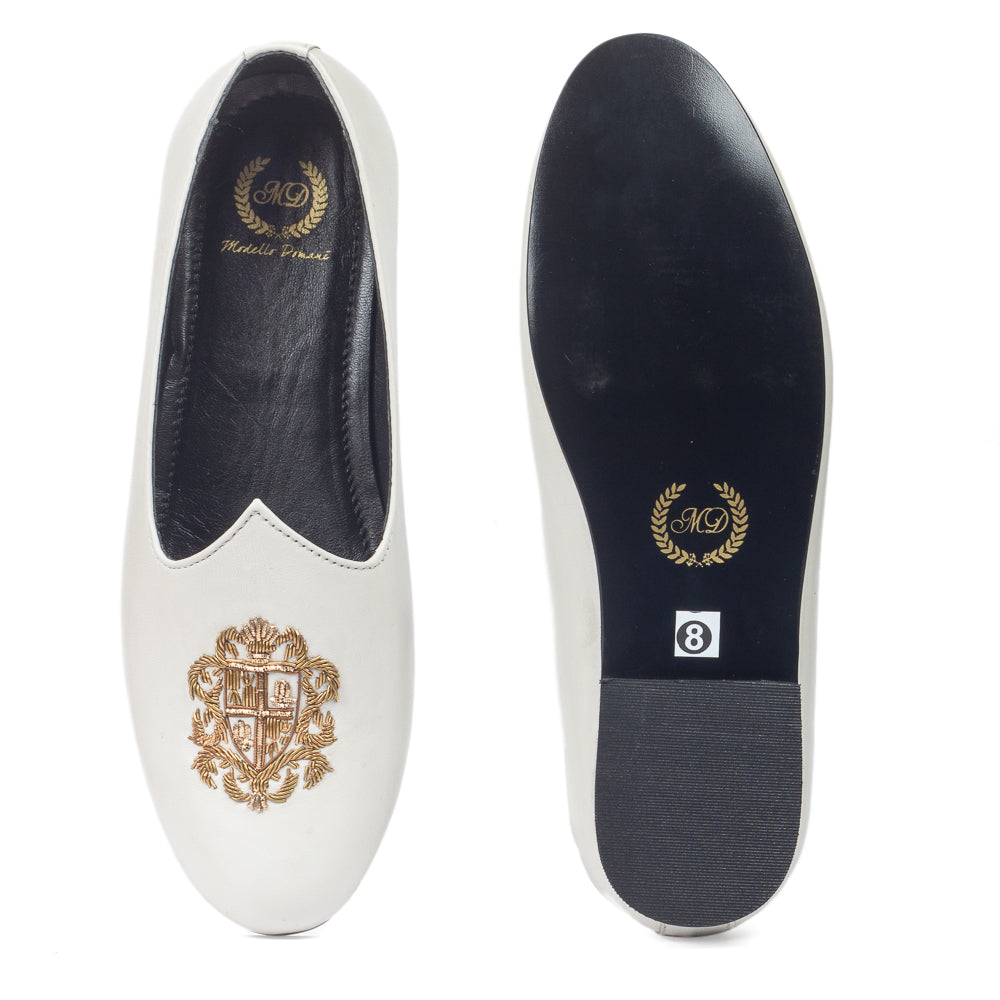 Royal Crest©️ Leather Juttis (Ivory White)(Patent Copyright Artwork)